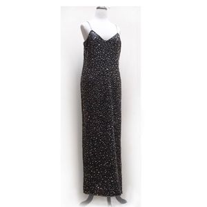 Elegant Beaded Silk gown, Size 14, silver on black